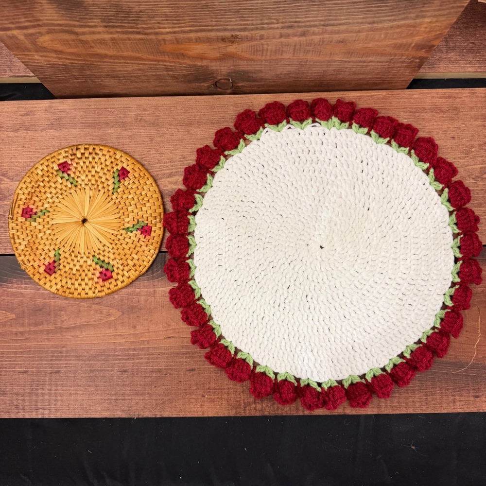 Vintage Crochet Rose Doily and Vintage Woven Wicker Floral Trivet 2 Piece Set